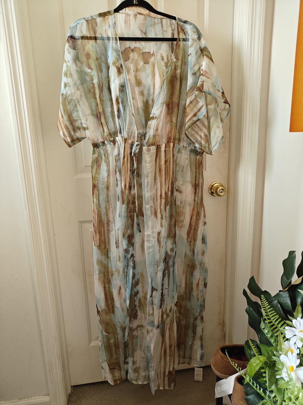 Lightweight Blue & Brown Watercolor Maxi Swim Coverup